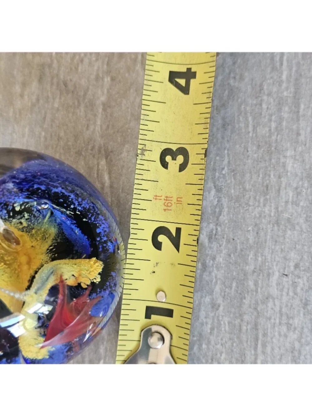 Round Art Glass Paperweight Fish Coral Ocean Blue Yellow Controlled Air Bubbles
